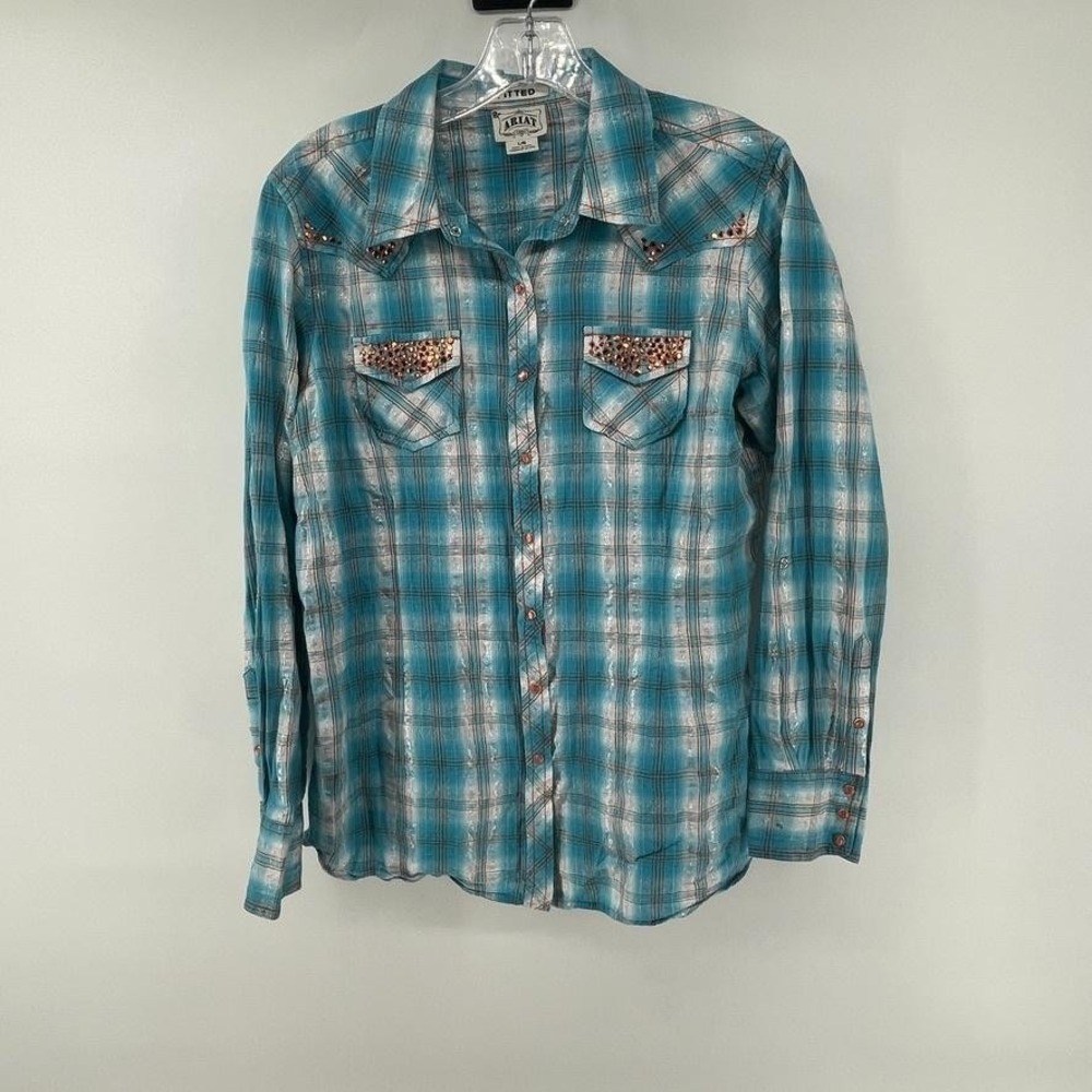 Ariat Shirt Womens Large Blue Plaid Fitted Snap Front Long Sleeve Western Sequin
